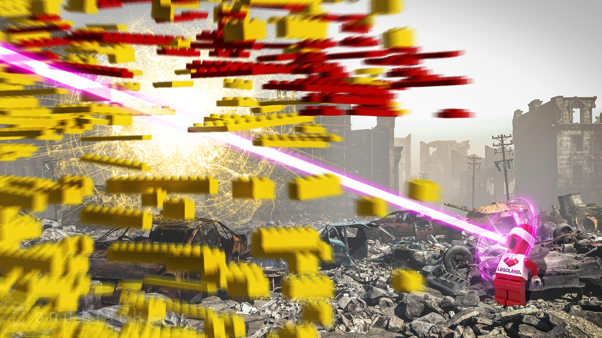 オンドのシグフィグが放ったビームで爆散するデラックスレゴのアヒル